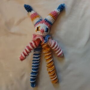 Amigurumi Jester Handmade Crochet Pink Blue Yellow White One Foot Tall